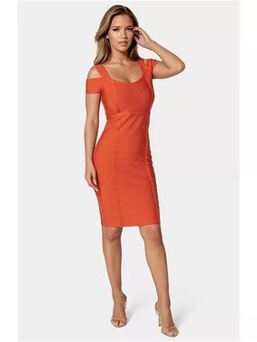 Bebe Orange Red Bandage Bodycon Dress Cold Shoulder Cut Out Zip Back NWT Size L